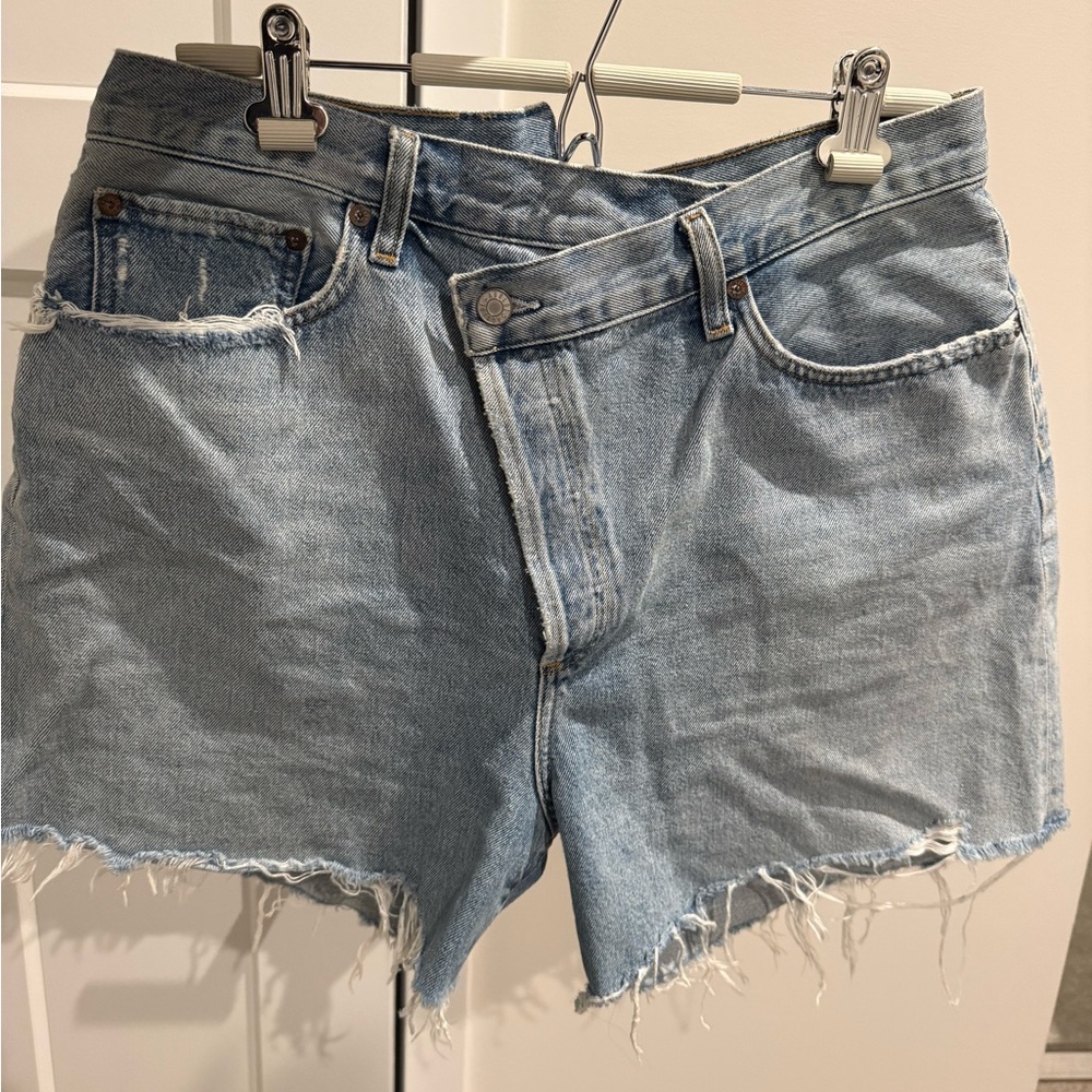 Agolde Crossover Light Blue Distressed Cutoff Jean Shorts
